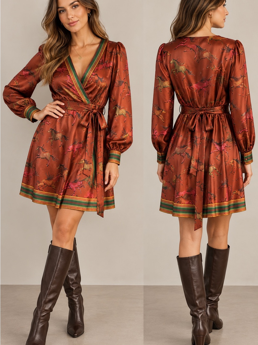 Chelsea & Violet Rust Horse-Print Wrap Mini Dress